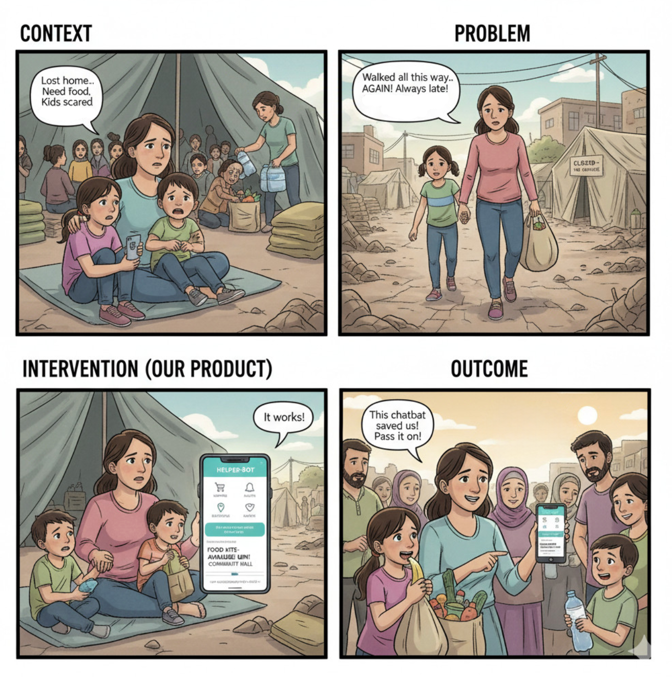 Storyboard showing Helper Bot usage scenario